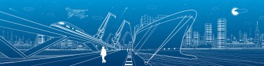 Ulaşım ve sanayi panorama. Hareket yükleme yük gemisi, deniz su, deniz limanı, tren Köprüsü, uçak sinek, gece şehir, insanlar iskelede gidin. Vektör tasarım sanat