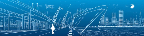 Transportation and industrial panorama. Cargo ship loading, boats on the water, sea harbor. Transport overpass, highway, urban scene, airplane fly, night city, people go on the pier. Vector design art — Stockový vektor