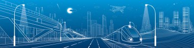 Otomobil Üstgeçit, altyapı ve ulaşım panorama, uçak sinek, kule ve gökdelen, kentsel sahne, vektör tasarım sanat Köprüsü, İş Merkezi, gece şehir tren hareket