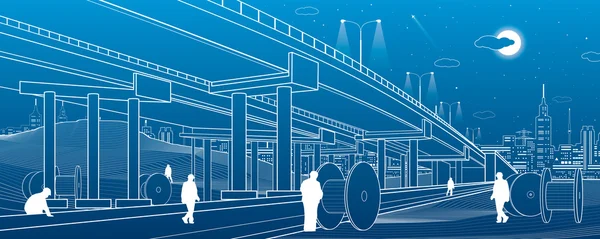 Illustrazione architettonica e delle infrastrutture, le persone stanno lavorando, cavalcavia automobilistico, autostrada. Scena urbana, paesaggio industriale, grande bobina. Città di notte sullo sfondo, linee vettoriali design art — Vettoriale Stock