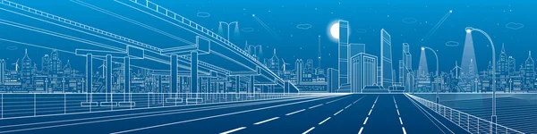 Automotive flyover, architectural and infrastructure panorama, transport overpass, highway. Business center, night city, towers and skyscrapers, white lines urban scene, vector design art — Stock Vector