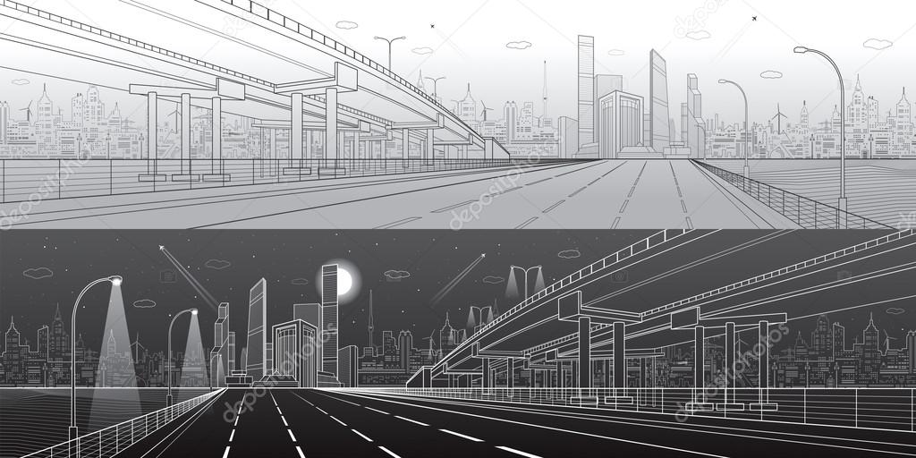 Automotive flyover, architectural and infrastructure panorama, transport overpass, highway. Business center, city, towers and skyscrapers, urban scene, black and white version, vector design art