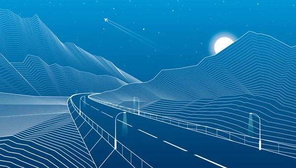 Straße in die Berge, Autobahn, Berglandschaft, weiße Linien auf blauem Hintergrund, Vektor-Design-Kunst — Stockvektor