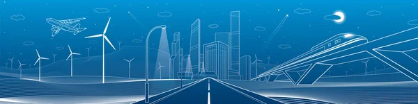 Infrastructure panorama. Highway, train traveling on bridges, business center, architecture and urban, neon city, wind turbines, white lines on blue background, dynamic scene, vector design art — Stock Vector