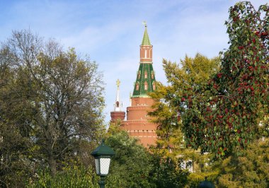 Moskova Kremlin görülür ağaçlar, güneşli bir gün, mavi gökyüzü ile