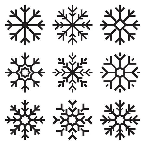 Nueve copos de nieve de vectores establecidos sobre fondo blanco, silueta de iconos de invierno, elemento para sus proyectos de diseño de vacaciones — Vector de stock