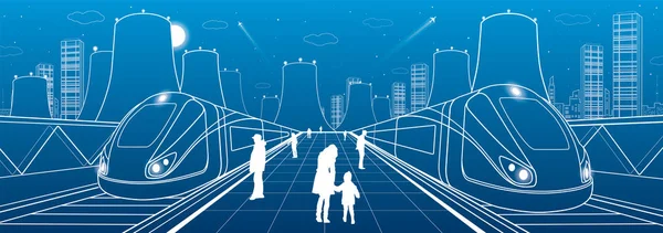 Tren İstasyonu, bekleyenler trenler, termik santral, endüstriyel ve taşıma illüstrasyon, gece şehir, beyaz çizgiler ob mavi arka plan, vektör tasarım sanat