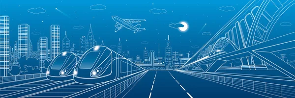 Αυτοκινητική οδό, υποδομής και μεταφορών Πανόραμα, μύγα αεροπλάνο, τρένο κίνηση από τη γέφυρα, δύο ατμομηχανές στην αποθήκη, νύχτα πόλη, πύργους και ουρανοξύστες, αστικό τοπίο, διανυσματική σχεδίαση τέχνη — Διανυσματικό Αρχείο