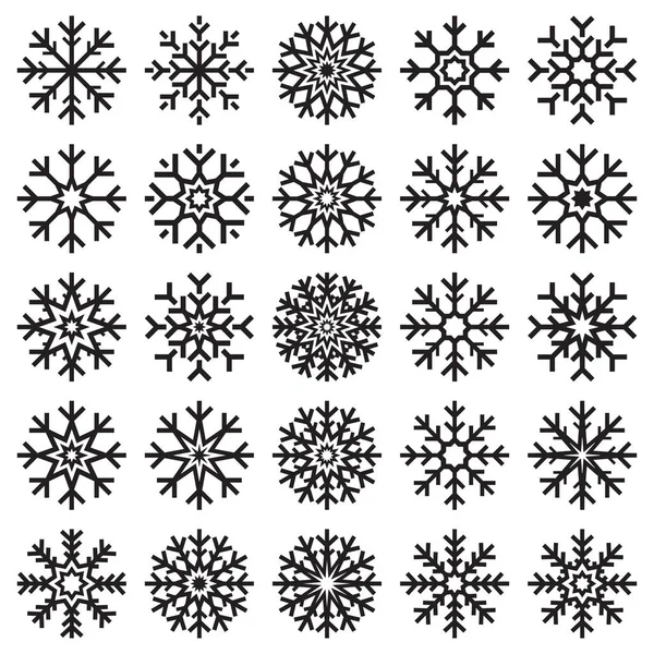 Sneeuwvlokken set op witte achtergrond, winter pictogrammen silhouet, 25 ijs sterren vector, vector-elementen voor uw kerst- en Nieuwjaars vakantie designprojecten — Stockvector