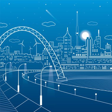 Karayolu Köprüsünün altında. Gece şehir bir arka planda, neon şehir, kule ve evler manzarası, altyapı illüstrasyon, uçak sinek, vektör tasarım sanat