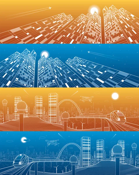 City and transport panorama set, train on the bridge. Business center buildings, skyscrapers and towers, white lines, day and night town, airplane fly, vector design art — Stock Vector