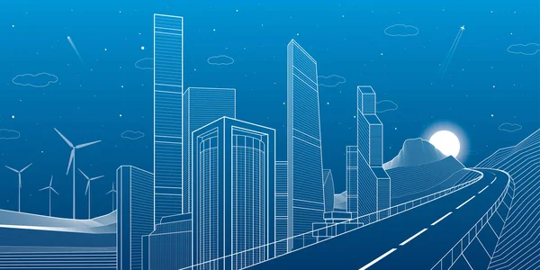 Highway in mountains. Tower and skyscrapers, neon city and business buildings, night scene, white lines on blue background, windmills power, vector design art — Stock Vector