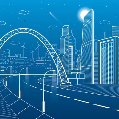 Karayolu Köprüsünün altında. Gece şehir arka plan, neon şehir, iş binalar, kuleler ve evler manzarası, altyapı illüstrasyon, uçak sinek, kentsel sahne, vektör tasarım sanat