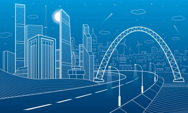 Karayolu Köprüsünün altında. Gece şehir arka plan, neon şehir, iş binalar, kuleler ve evler manzarası, altyapı illüstrasyon, uçak sinek, kentsel sahne, vektör tasarım sanat