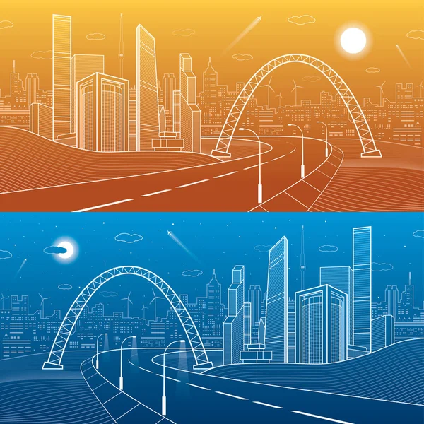 Autobahn unter der Brücke. Tag und Nacht Stadt auf Hintergrund, Geschäftsgebäude, Türme und Häuser auf Skyline, Infrastruktur Illustration, Flugzeug fliegen, urbane Szene, Vektor-Design-Kunst — Stockvektor