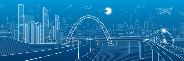 Highway under the bridge. Train rides. Night neon city on background, business buildings, towers and skyscrapers on skyline, infrastructure panorama, airplane fly, urban scene, vector design art — Stock Vector