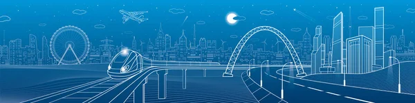 Panorama van de infrastructuur. Snelweg onder de brug. Trein rijdt. Nacht neon stad op de achtergrond, zakelijke gebouwen, torens en wolkenkrabbers op skyline vliegtuig vliegen, stedelijke scène, vector design kunst — Stockvector