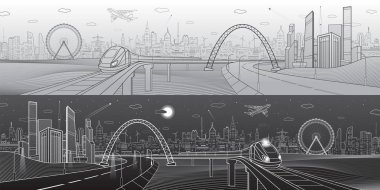 Mimari ve altyapı panorama, taşıma Üstgeçit, otoyol. Tren köprüsü üzerinde sürmek. İş Merkezi, şehir, kule ve gökdelen, kentsel sahne, siyah beyaz versiyonu, Tasarım sanat vektör
