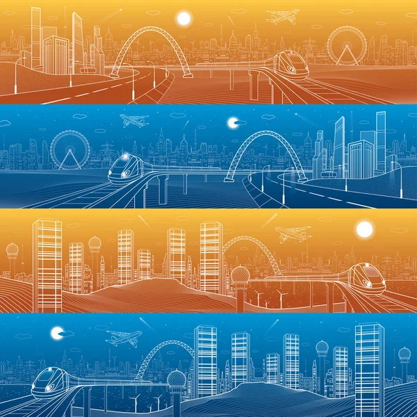City and transport mega panorama. Highway in the mountains, train rides on the bridge, skyline, white lines infrastructure landscape, day and night town, airplane fly, urban scene, vector design art — Stock Vector