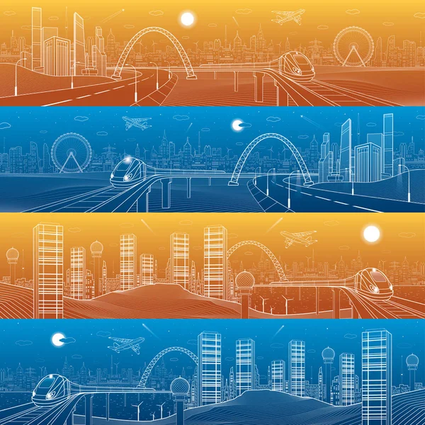 Panorama van de mega stad en vervoer. Weg in de bergen, trein rijdt over de brug, skyline, witte lijnen infrastructuur landschap, dag en nacht town, vliegtuig vliegen, stedelijke scène, vector design kunst — Stockvector