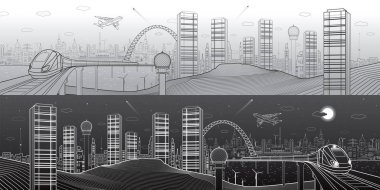 Şehir ve taşıma mega panorama, köprü, manzarası modern şehir, gün ve gece, uçak sinek trene, aydınlık ve karanlık sürümü, vektör tasarım sanat
