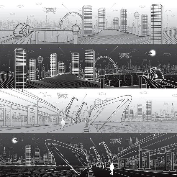 Panorama trasporti e infrastrutture impostato. Overpass per i trasporti. Treno sul ponte. Nave sull'acqua. L'aereo vola. Torri e grattacieli, skyline urbano, giorno e notte, arte vettoriale — Vettoriale Stock