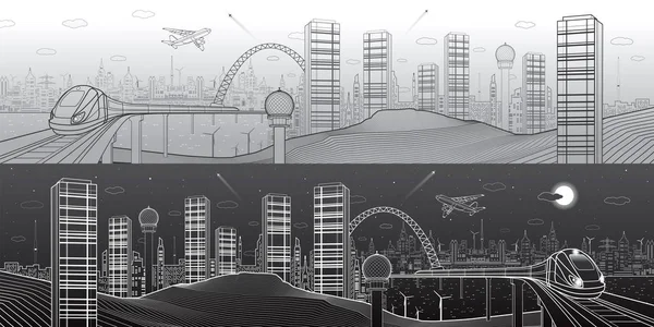 Stadt und Verkehr Mega-Panorama, Zug auf der Brücke, Skyline moderne Stadt, Tag und Nacht, Flugzeug fliegen, helle und dunkle Version, Vektor-Design-Kunst — Stockvektor