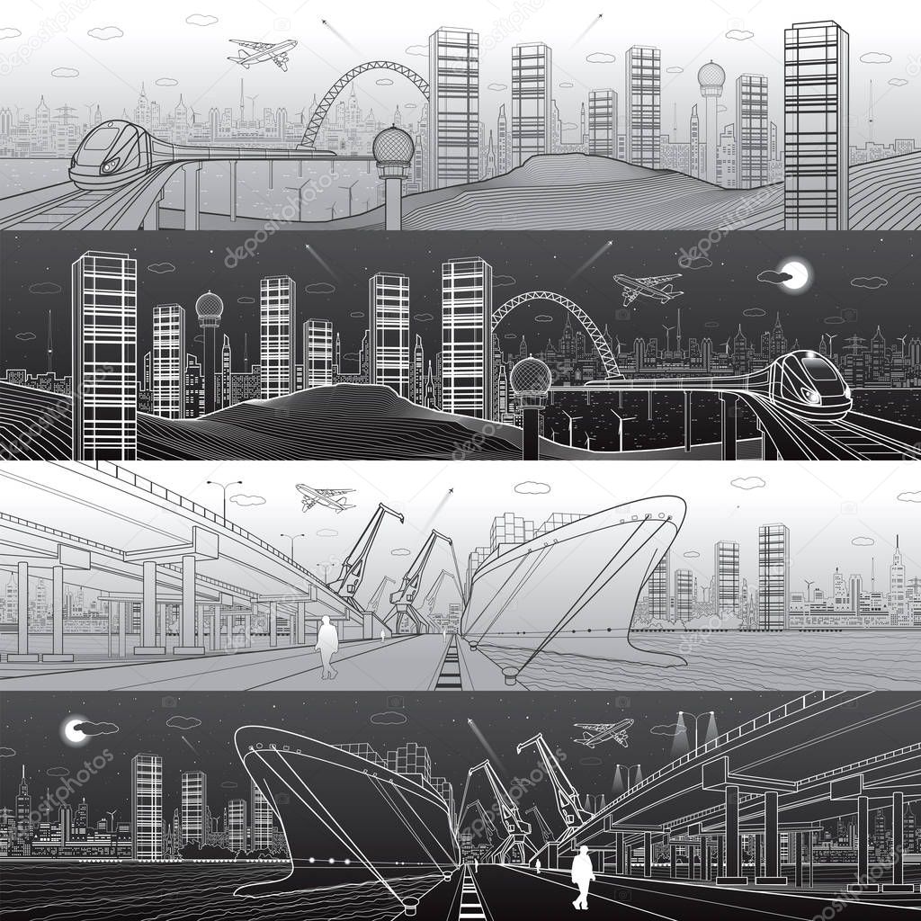 Transportation and Infrastructure panorama set. Transport overpass. Train on the bridge. Ship on the water. Airplane fly. Towers and skyscrapers, urban skyline, day and night, vector design art