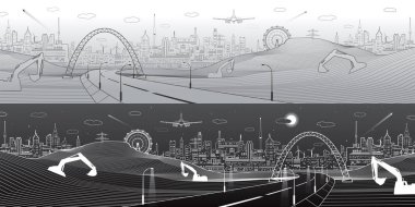 Şehir altyapı panorama, endüstriyel yatay, Ekskavatör, yol altında köprü, kentsel sahne, gece ve gündüz şehir, Bina Tasarım sanat vektör