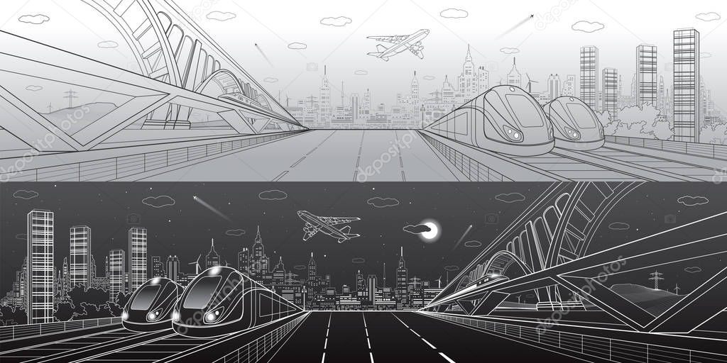 Automobile highway, infrastructure and transportation panorama, airplane fly, train move on the bridge, two locomotives in depot, day and night city, towers and skyscrapers, urban scene, vector design art