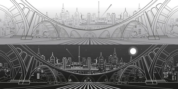 Gran puente, increíble ciudad panorámica, ciudad de día y de noche. Ilustración de arquitectura e infraestructura. Líneas de paisaje, vector de diseño de arte — Vector de stock