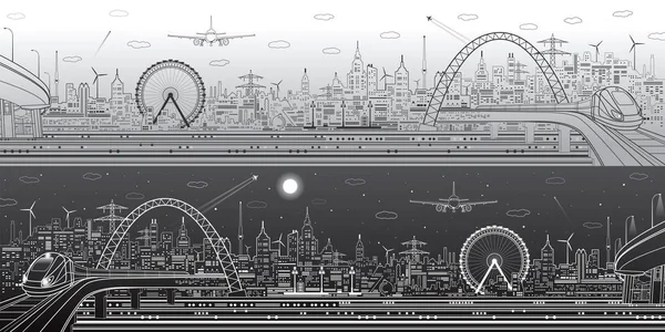 Panorama industrial e de transporte, horizonte urbano, paisagem moderna, cidade do dia e da noite, mosca do avião, trem na ponte, arte do projeto do vetor — Vetor de Stock