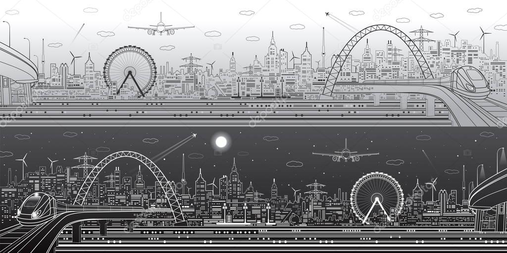 Industrial and transport panorama, urban skyline, modern landscape, day and night city, airplane fly, train on the bridge, vector design art