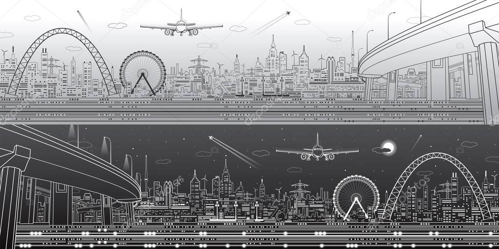 Industrial and technology panorama, urban landscape, infrastructure scene, day and night city, vector design art