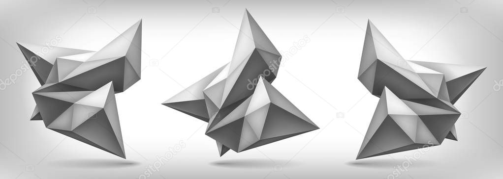 Volume geometric shapes set, 3d crystals, abstraction low polygons object, vector design forms