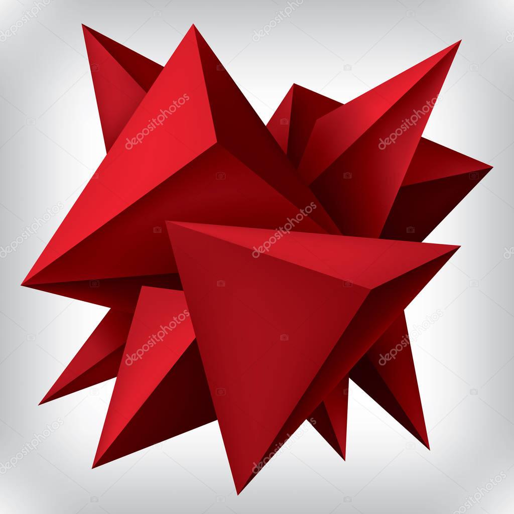 Volume geometric shape, 3d red crystals, abstraction low polygons object, vector design forms
