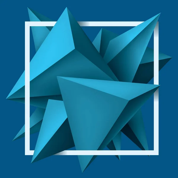Volume geometrische vormen, blauwe 3d kristallen. Abstract lage veelhoeken object samenstelling. Witte vierkante frame. Formulier voor vector-ontwerpen — Stockvector