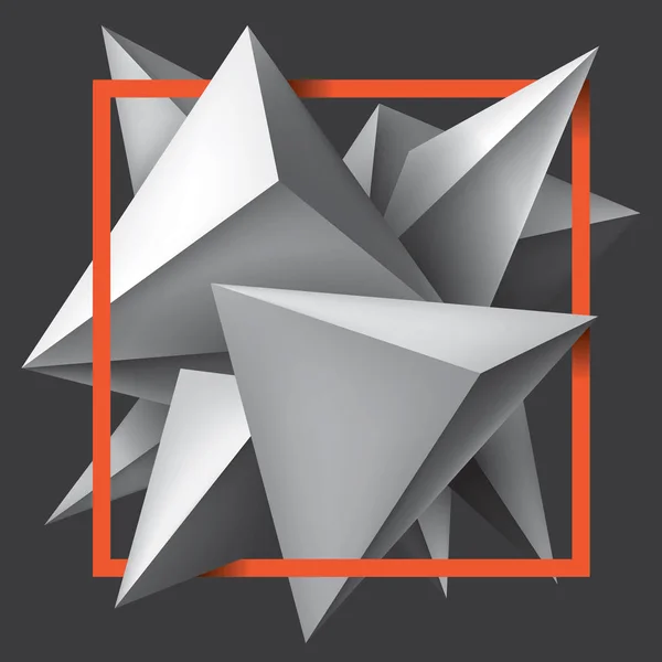 Volume formes géométriques, cristaux 3d. Composition abstraite des objets bas polygones. Cadre orange vif. Formulaire de conception vectorielle — Image vectorielle