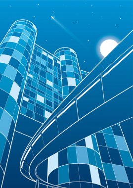 İşletme binası, üst geçit, gece city, uçak uçan vektör tasarım sanat
