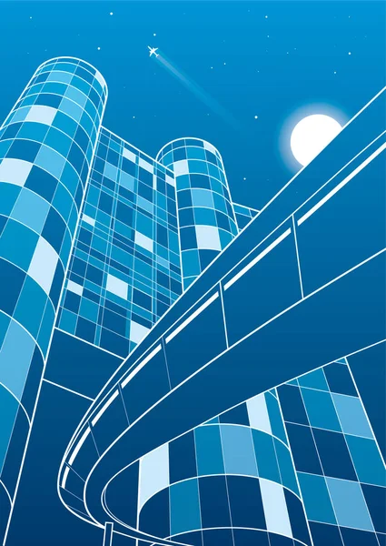 Business building, overpass, night city, airplane flying, vector design art — Stock Vector