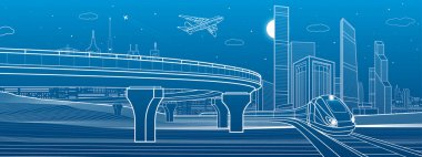 Otomobil otoban, altyapı ve ulaşım panorama, uçak sinek, tren hareket, gece city, kuleleri ve gökdelenler, kentsel sahne, vektör tasarım sanat