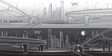 Otomobil otoban, altyapı ve ulaşım panorama, uçak sinek, tren hareket, gece city, kuleleri ve gökdelenler, kentsel sahne, vektör tasarım sanat