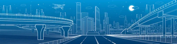Grote snelweg. Auto viaducten, infrastructuur en stad panorama, vliegtuig vliegen, nacht stad, torens en wolkenkrabbers, stedelijke scène, vector design kunst — Stockvector