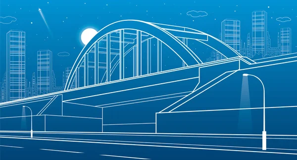 Pont ferroviaire, infrastructure urbaine, ville nocturne en arrière-plan, architecture industrielle, illustration de lignes blanches, art vectoriel — Image vectorielle