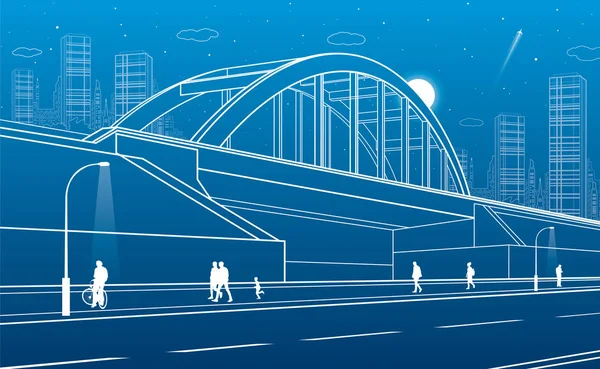 Pont ferroviaire, infrastructure urbaine, ville nocturne en arrière-plan, personnes marchant, architecture industrielle, illustration de lignes blanches, art vectoriel — Image vectorielle