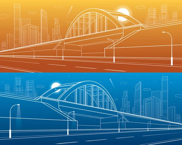 Ponte ferroviario, autostrada vuota. Infrastrutture urbane, città moderna sullo sfondo, architettura industriale, torri e grattacieli. Illustrazione delle linee bianche, versione giorno e notte, arte del disegno vettoriale — Vettoriale Stock