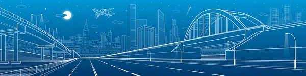 Railway bridge, empty highway, road overpass. Urban infrastructure, modern city on background, industrial architecture, towers and skyscrapers. White lines image, night scene, vector design art — Stock Vector