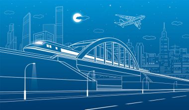 Demiryolu Köprüsü seyahat tren otoyol. Kentsel altyapı illüstrasyon, arka plan, endüstriyel mimari, kule ve gökdelen, uçak sinek üzerinde modern şehir. Vektör tasarım sanat 