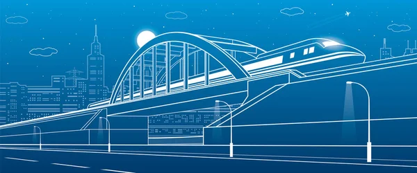 Train circulant le long du pont ferroviaire, autoroute. Illustration des infrastructures urbaines, ville moderne en arrière-plan, architecture industrielle, tours et gratte-ciel, avion voler. Design vectoriel art — Image vectorielle