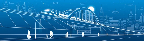 Déplacement du train sur le pont ferroviaire, autoroute. Les gens marchent. Image de l'infrastructure urbaine, ville moderne en arrière-plan, architecture industrielle, tours et gratte-ciel, avion voler. Design vectoriel art — Image vectorielle